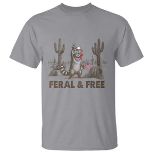 Feral & Free Raccoon T Shirt Funny 4th of July Cowboy Meme Retro Independence Day TS10 Sport Gray Print Your Wear