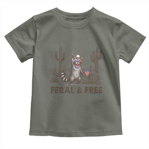 Feral & Free Raccoon Toddler T Shirt Funny 4th of July Cowboy Meme Retro Independence Day TS10 Military Green Print Your Wear