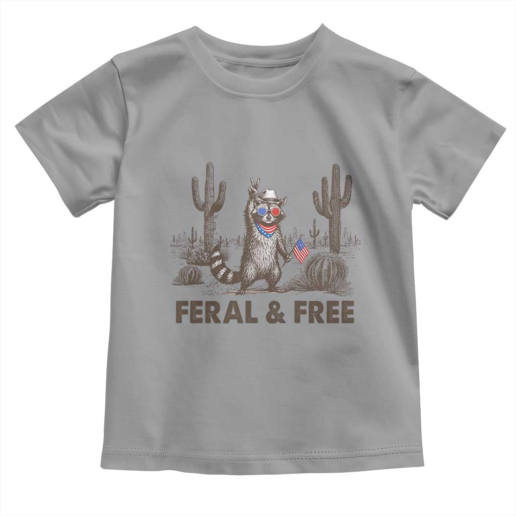 Feral & Free Raccoon Toddler T Shirt Funny 4th of July Cowboy Meme Retro Independence Day TS10 Sport Gray Print Your Wear