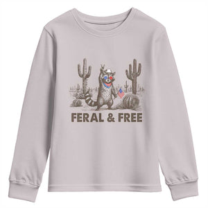 Feral & Free Raccoon Youth Sweatshirt Funny 4th of July Cowboy Meme Retro Independence Day TS10 Ice Gray Print Your Wear