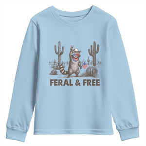 Feral & Free Raccoon Youth Sweatshirt Funny 4th of July Cowboy Meme Retro Independence Day TS10 Light Blue Print Your Wear