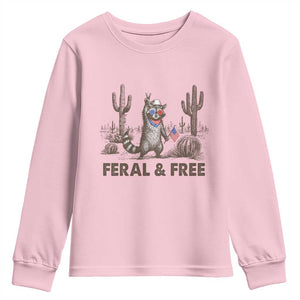 Feral & Free Raccoon Youth Sweatshirt Funny 4th of July Cowboy Meme Retro Independence Day TS10 Light Pink Print Your Wear
