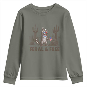 Feral & Free Raccoon Youth Sweatshirt Funny 4th of July Cowboy Meme Retro Independence Day TS10 Military Green Print Your Wear