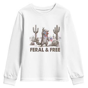 Feral & Free Raccoon Youth Sweatshirt Funny 4th of July Cowboy Meme Retro Independence Day TS10 White Print Your Wear