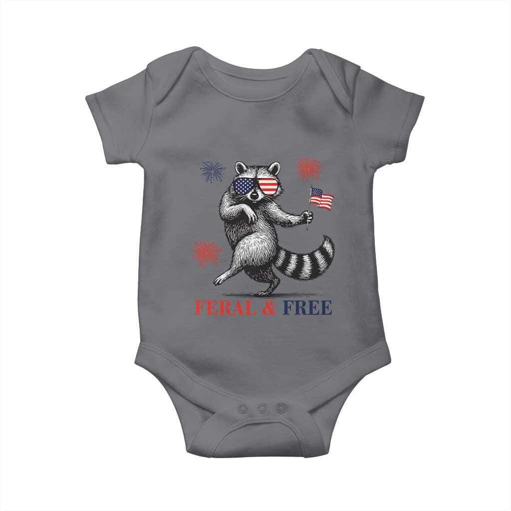 Feral and Free Dancing Raccoon Baby Onesie Funny 4th July Patriotic Animal US Flag and Fireworks TS02 Charcoal Print Your Wear