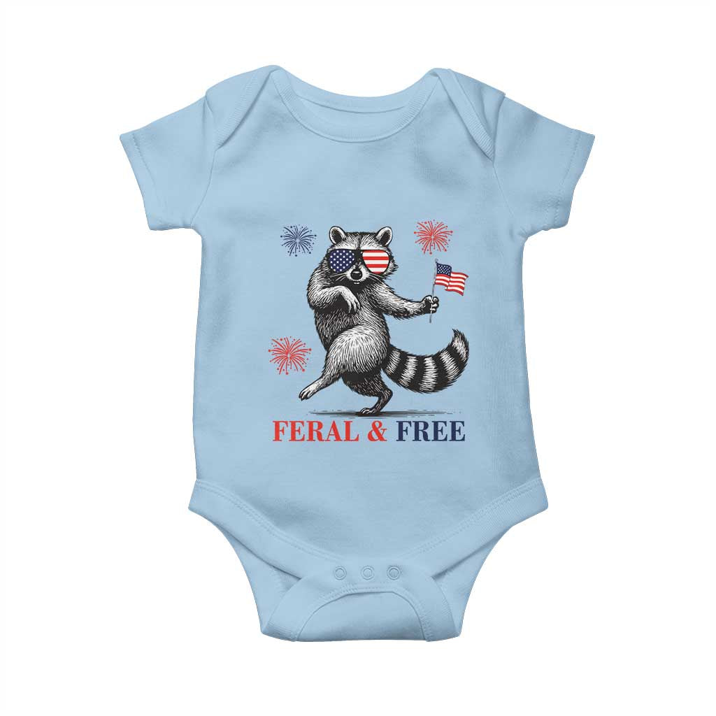 Feral and Free Dancing Raccoon Baby Onesie Funny 4th July Patriotic Animal US Flag and Fireworks TS02 Light Blue Print Your Wear