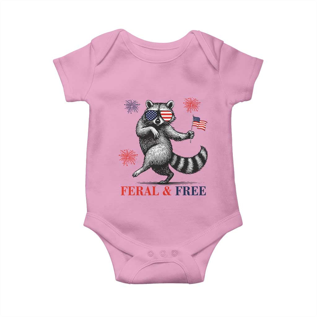 Feral and Free Dancing Raccoon Baby Onesie Funny 4th July Patriotic Animal US Flag and Fireworks TS02 Light Pink Print Your Wear