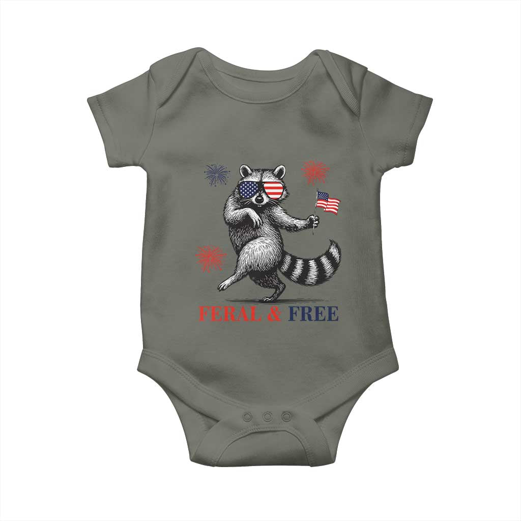 Feral and Free Dancing Raccoon Baby Onesie Funny 4th July Patriotic Animal US Flag and Fireworks TS02 Military Green Print Your Wear