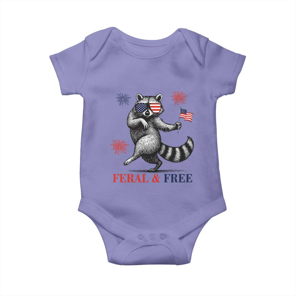 Feral and Free Dancing Raccoon Baby Onesie Funny 4th July Patriotic Animal US Flag and Fireworks TS02 Violet Print Your Wear