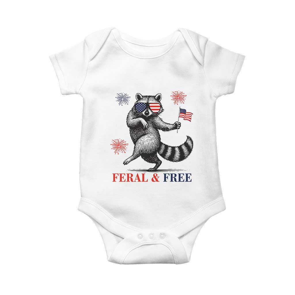 Feral and Free Dancing Raccoon Baby Onesie Funny 4th July Patriotic Animal US Flag and Fireworks TS02 White Print Your Wear
