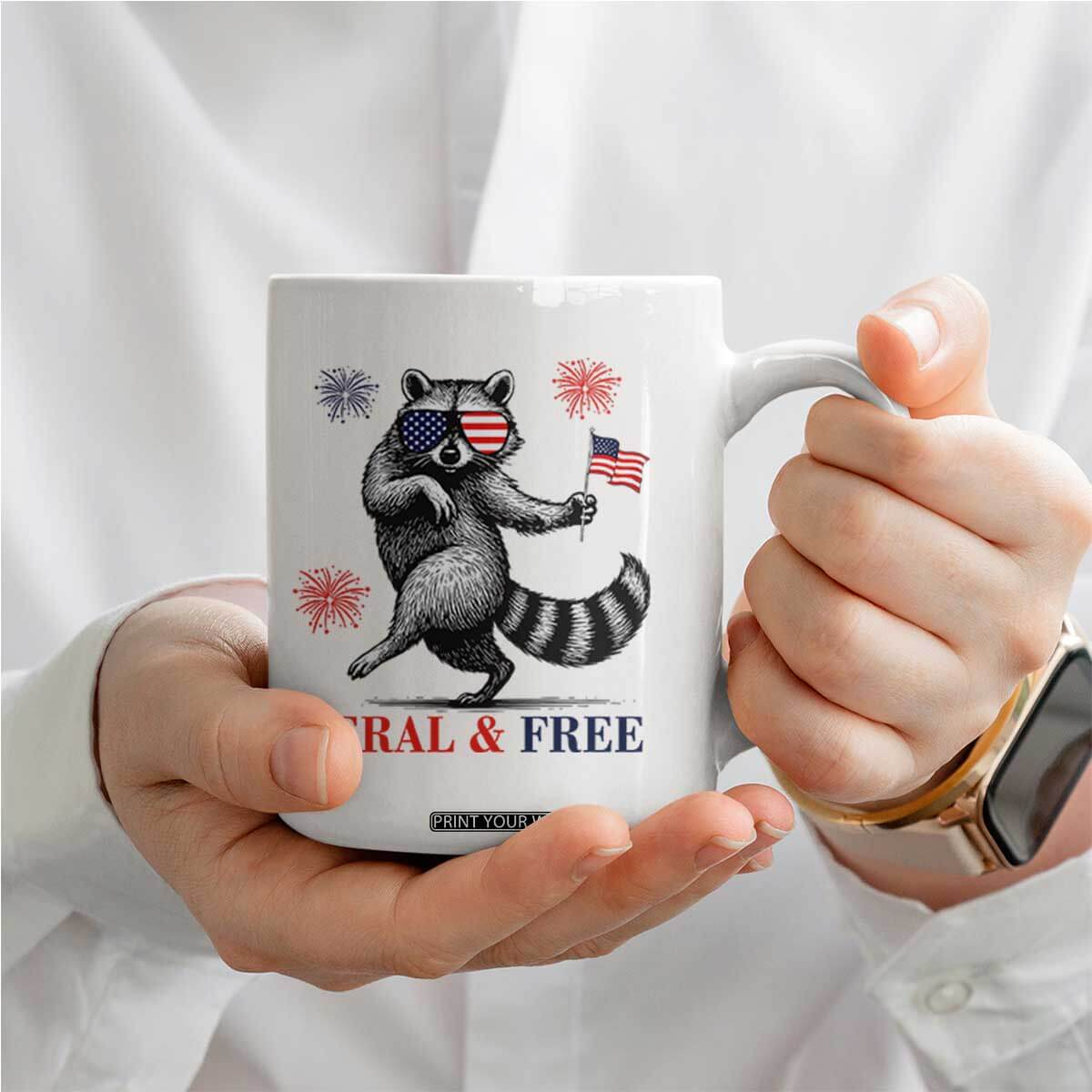 Feral and Free Dancing Raccoon Coffee Mug Funny 4th July Patriotic Animal US Flag and Fireworks TS02 Print Your Wear