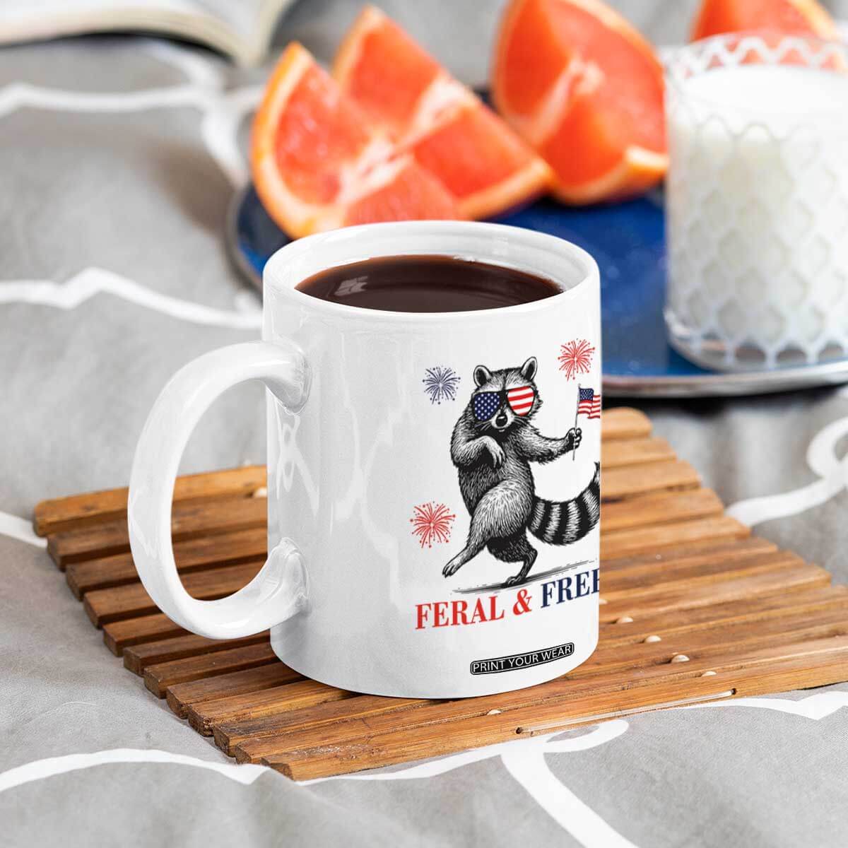 Feral and Free Dancing Raccoon Coffee Mug Funny 4th July Patriotic Animal US Flag and Fireworks TS02 Print Your Wear