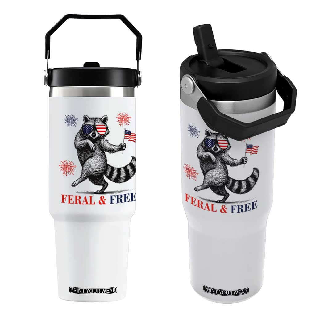 Feral and Free Dancing Raccoon Flip Straw Tumbler Funny 4th July Patriotic Animal US Flag and Fireworks TS02 One Size: 30 oz White Print Your Wear