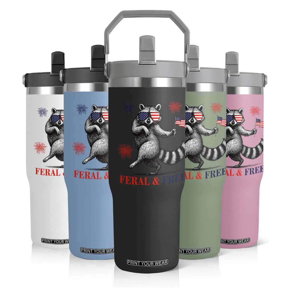 Feral and Free Dancing Raccoon Flip Straw Tumbler Funny 4th July Patriotic Animal US Flag and Fireworks TS02 Print Your Wear