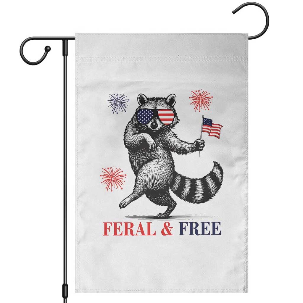 Feral and Free Dancing Raccoon Garden Flag Funny 4th July Patriotic Animal US Flag and Fireworks TS02 White Print Your Wear