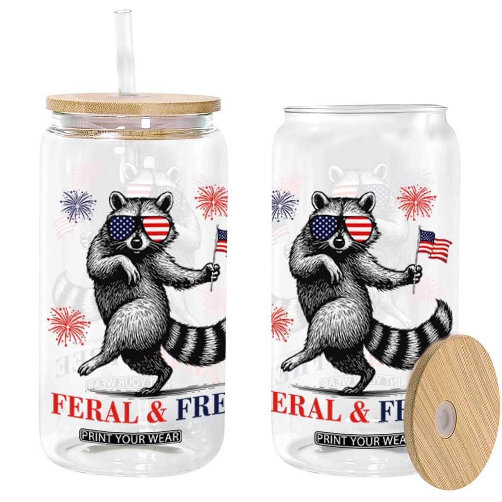 Feral and Free Dancing Raccoon Glass Can Funny 4th July Patriotic Animal US Flag and Fireworks TS02 White Print Your Wear