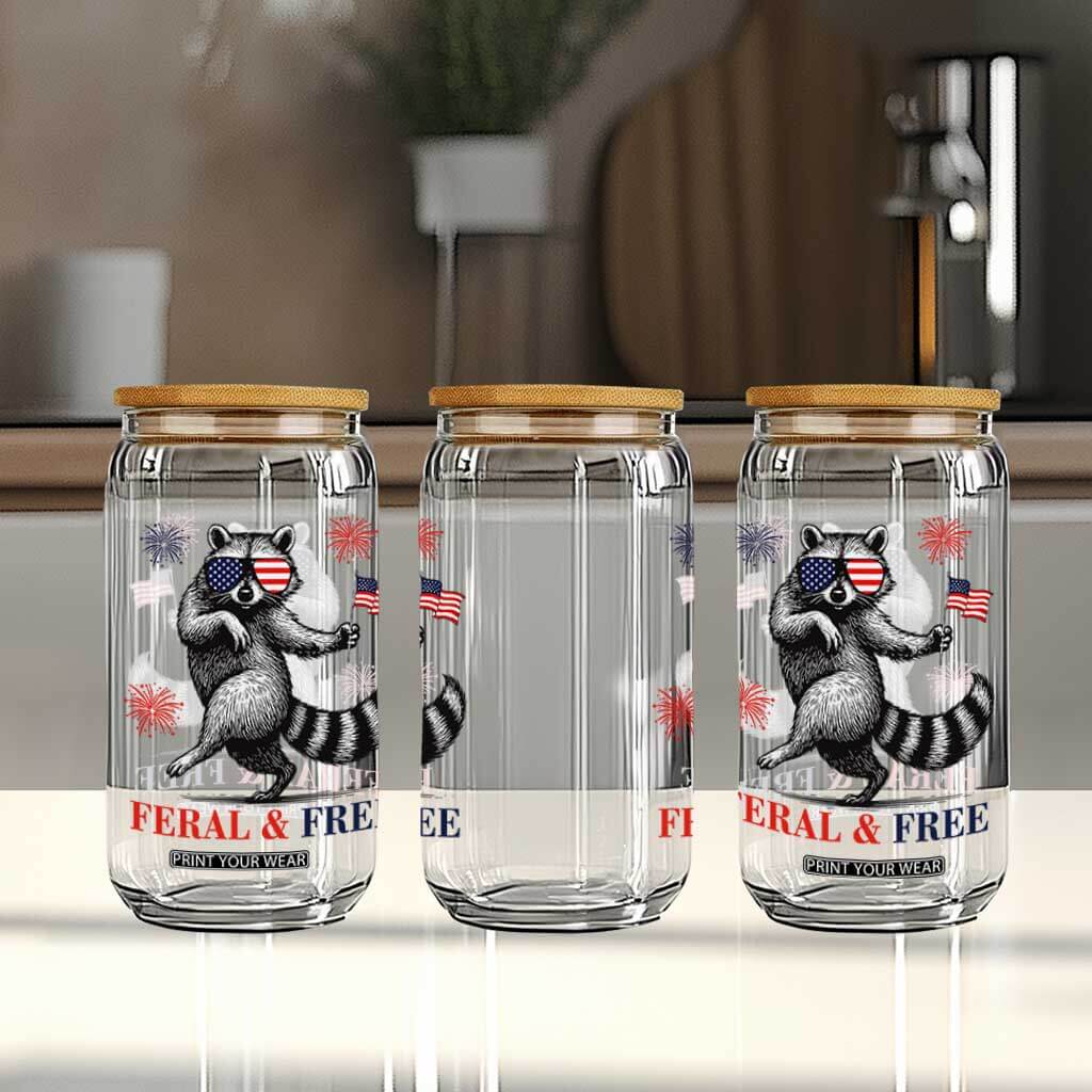 Feral and Free Dancing Raccoon Glass Can Funny 4th July Patriotic Animal US Flag and Fireworks TS02 Print Your Wear