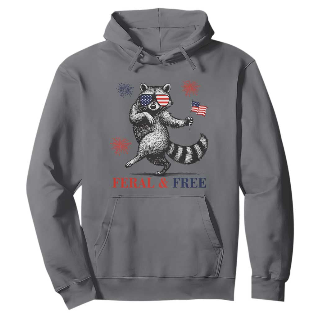 Feral and Free Dancing Raccoon Hoodie Funny 4th July Patriotic Animal US Flag and Fireworks TS02 Charcoal Print Your Wear