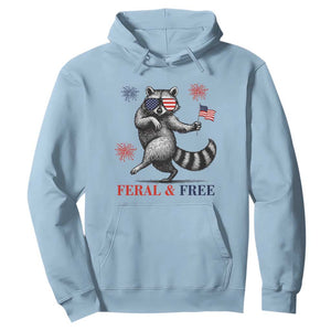 Feral and Free Dancing Raccoon Hoodie Funny 4th July Patriotic Animal US Flag and Fireworks TS02 Light Blue Print Your Wear
