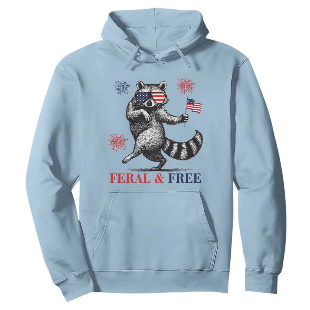Feral and Free Dancing Raccoon Hoodie Funny 4th July Patriotic Animal US Flag and Fireworks TS02 Light Blue Print Your Wear