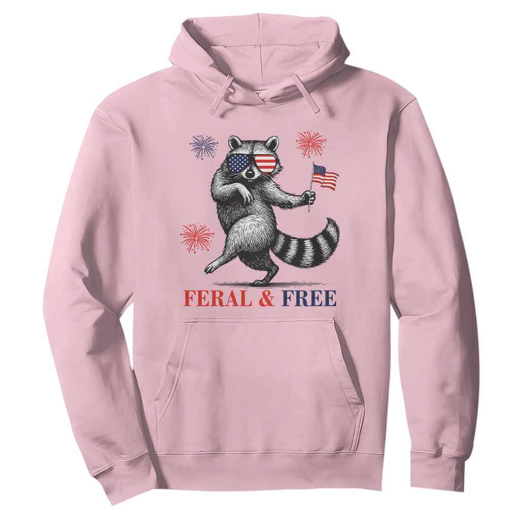 Feral and Free Dancing Raccoon Hoodie Funny 4th July Patriotic Animal US Flag and Fireworks TS02 Light Pink Print Your Wear