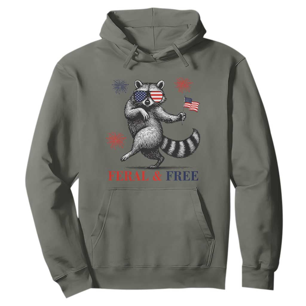 Feral and Free Dancing Raccoon Hoodie Funny 4th July Patriotic Animal US Flag and Fireworks TS02 Military Green Print Your Wear