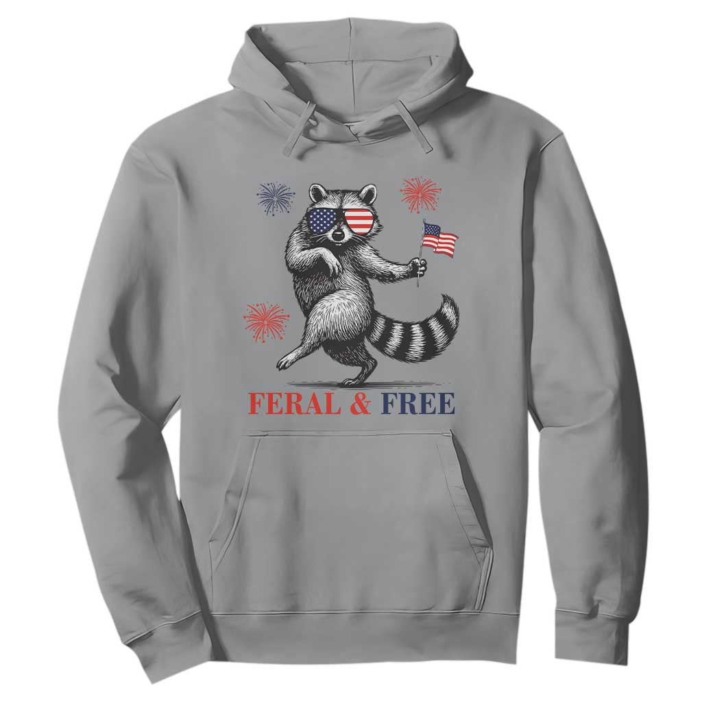 Feral and Free Dancing Raccoon Hoodie Funny 4th July Patriotic Animal US Flag and Fireworks TS02 Sport Gray Print Your Wear
