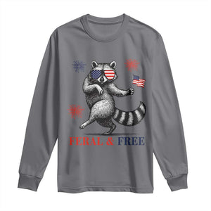 Feral and Free Dancing Raccoon Long Sleeve Shirt Funny 4th July Patriotic Animal US Flag and Fireworks TS02 Charcoal Print Your Wear