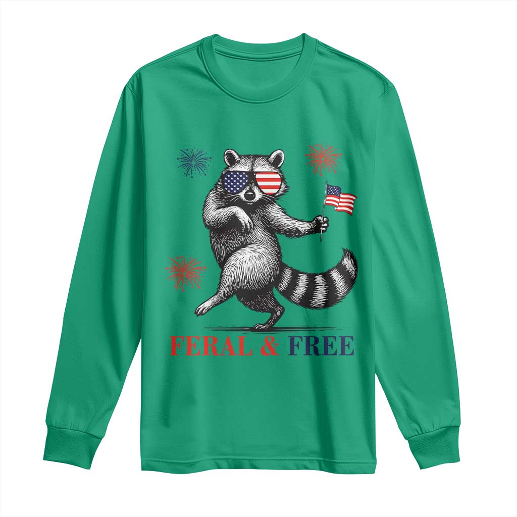 Feral and Free Dancing Raccoon Long Sleeve Shirt Funny 4th July Patriotic Animal US Flag and Fireworks TS02 Irish Green Print Your Wear