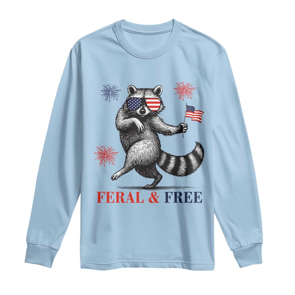 Feral and Free Dancing Raccoon Long Sleeve Shirt Funny 4th July Patriotic Animal US Flag and Fireworks TS02 Light Blue Print Your Wear