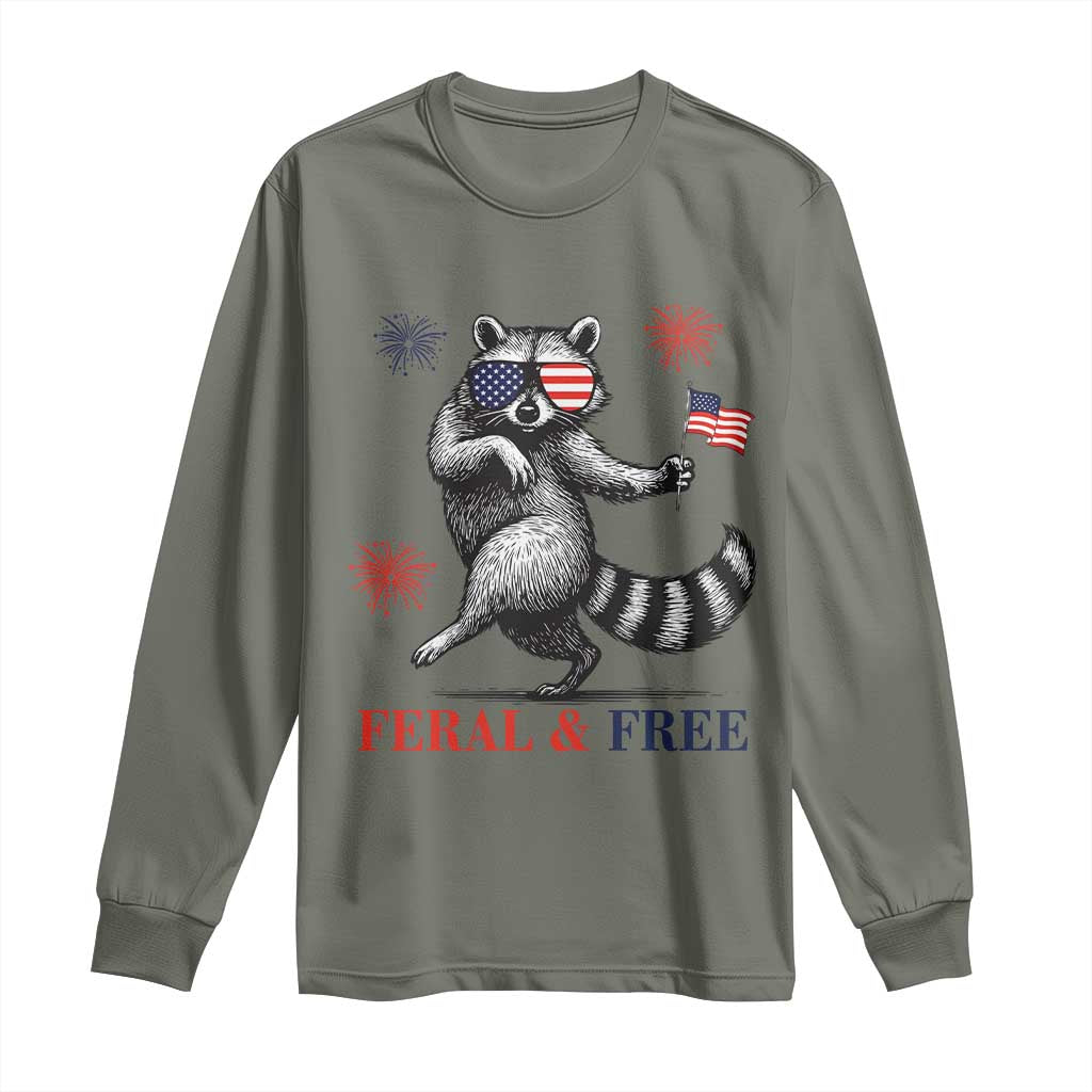 Feral and Free Dancing Raccoon Long Sleeve Shirt Funny 4th July Patriotic Animal US Flag and Fireworks TS02 Military Green Print Your Wear
