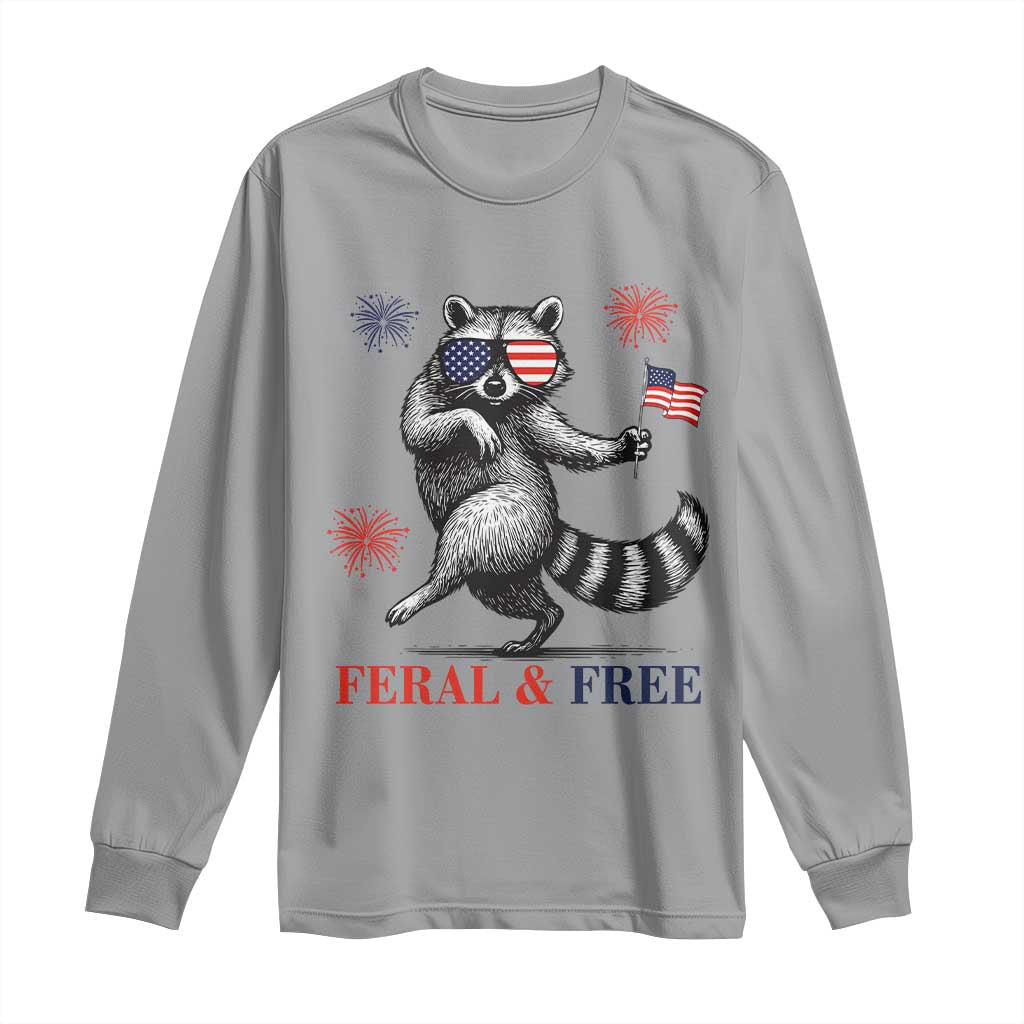 Feral and Free Dancing Raccoon Long Sleeve Shirt Funny 4th July Patriotic Animal US Flag and Fireworks TS02 Sport Gray Print Your Wear