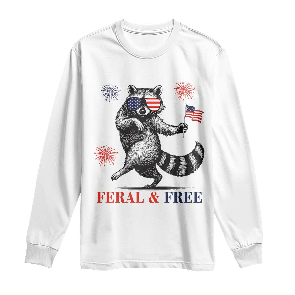 Feral and Free Dancing Raccoon Long Sleeve Shirt Funny 4th July Patriotic Animal US Flag and Fireworks TS02 White Print Your Wear