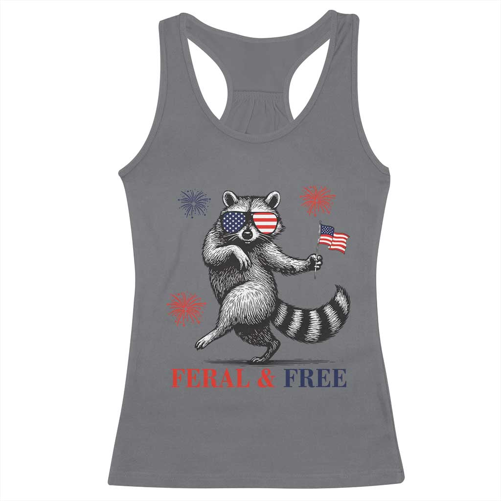 Feral and Free Dancing Raccoon Racerback Tank Top Funny 4th July Patriotic Animal US Flag and Fireworks TS02 Charcoal Print Your Wear