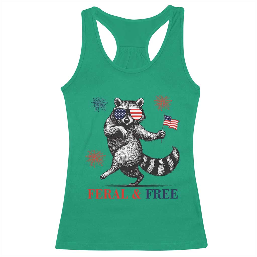 Feral and Free Dancing Raccoon Racerback Tank Top Funny 4th July Patriotic Animal US Flag and Fireworks TS02 Irish Green Print Your Wear
