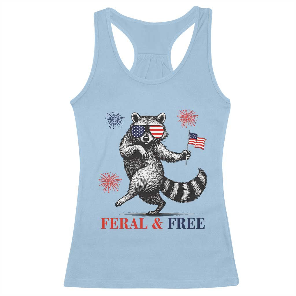 Feral and Free Dancing Raccoon Racerback Tank Top Funny 4th July Patriotic Animal US Flag and Fireworks TS02 Light Blue Print Your Wear
