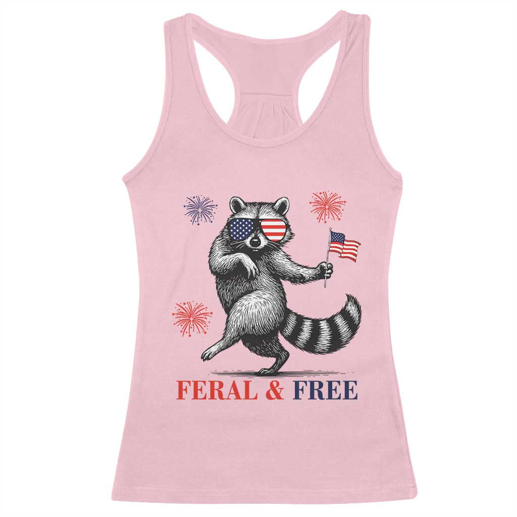 Feral and Free Dancing Raccoon Racerback Tank Top Funny 4th July Patriotic Animal US Flag and Fireworks TS02 Light Pink Print Your Wear