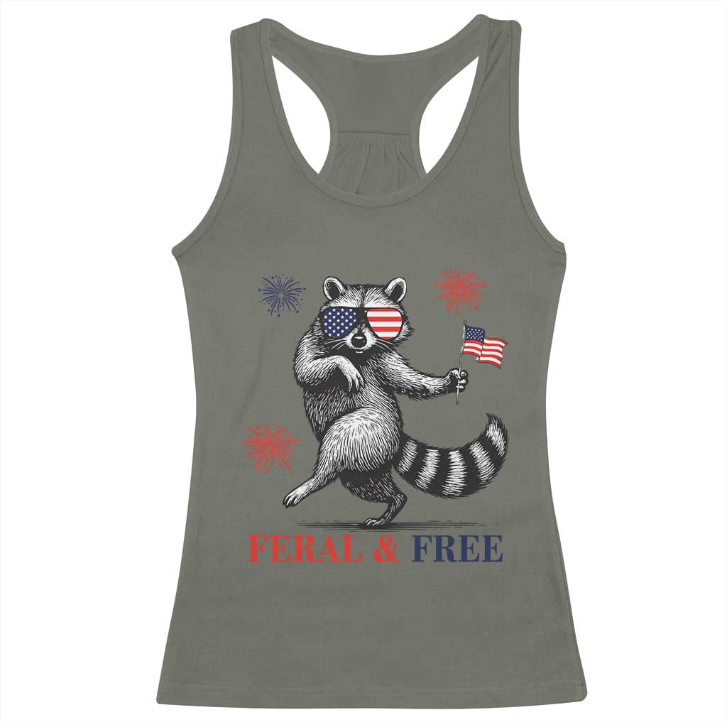 Feral and Free Dancing Raccoon Racerback Tank Top Funny 4th July Patriotic Animal US Flag and Fireworks TS02 Military Green Print Your Wear