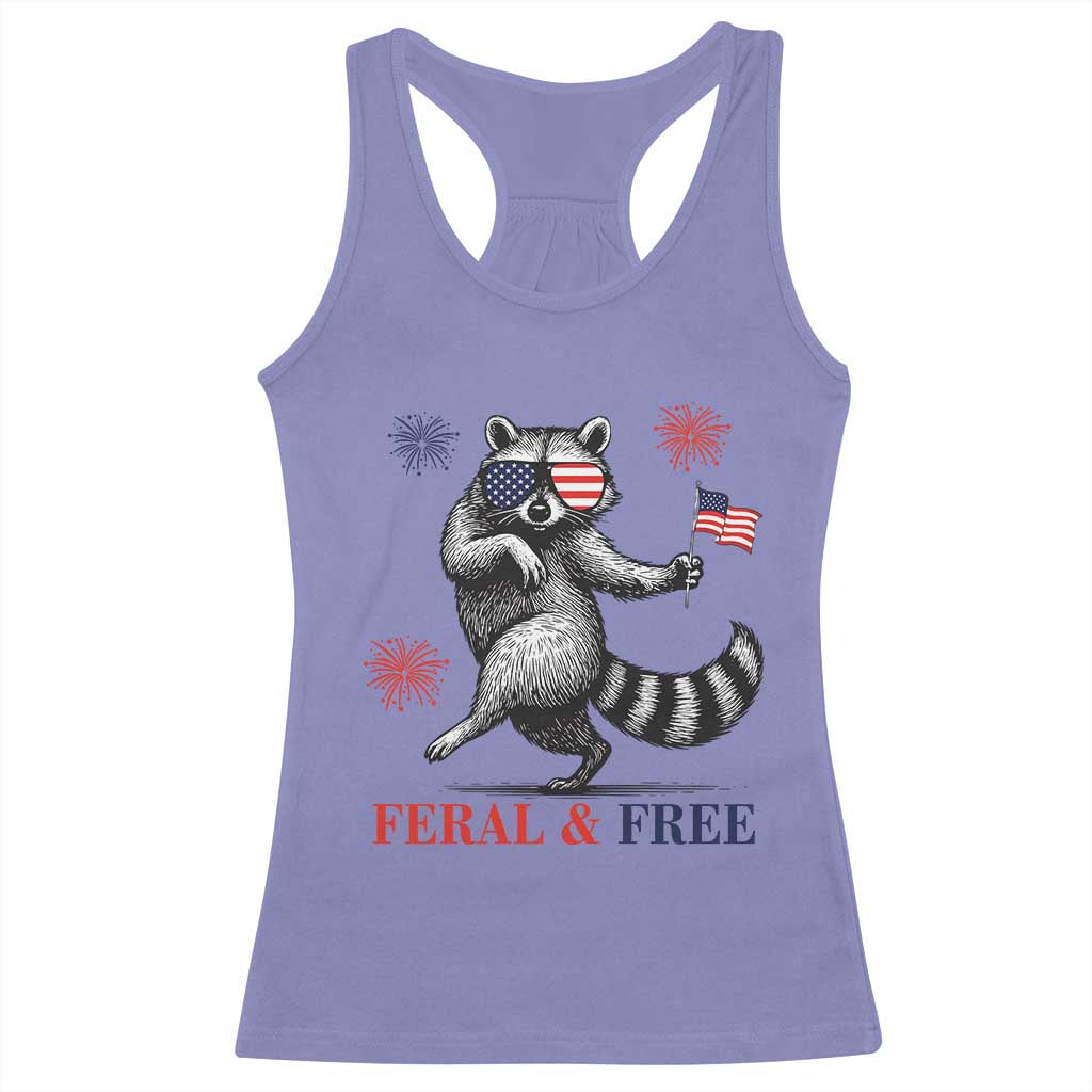 Feral and Free Dancing Raccoon Racerback Tank Top Funny 4th July Patriotic Animal US Flag and Fireworks TS02 Violet Print Your Wear