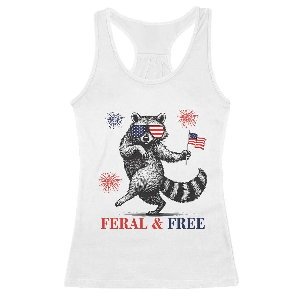 Feral and Free Dancing Raccoon Racerback Tank Top Funny 4th July Patriotic Animal US Flag and Fireworks TS02 White Print Your Wear