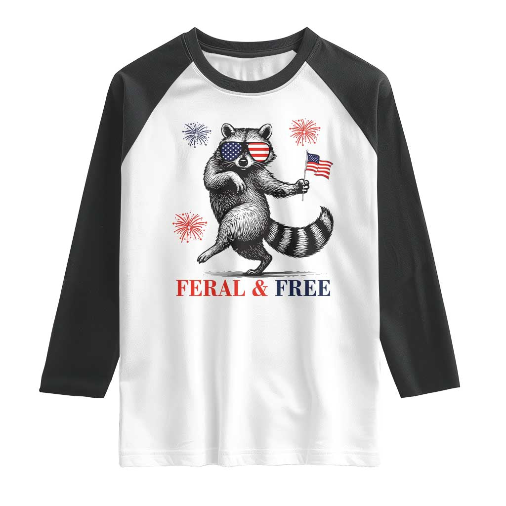 Feral and Free Dancing Raccoon Raglan Shirt Funny 4th July Patriotic Animal US Flag and Fireworks TS02 White Black Print Your Wear