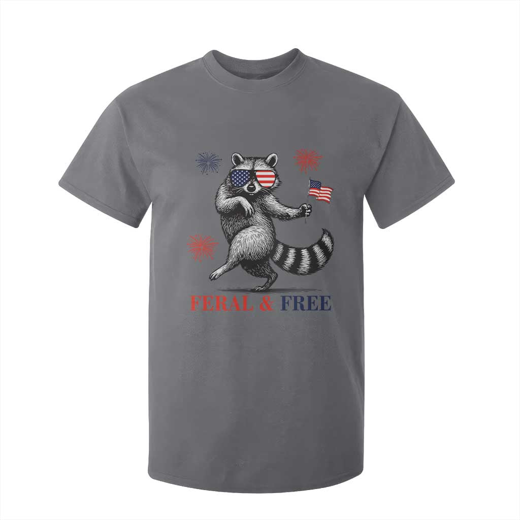 Feral and Free Dancing Raccoon T Shirt For Kid Funny 4th July Patriotic Animal US Flag and Fireworks TS02 Charcoal Print Your Wear
