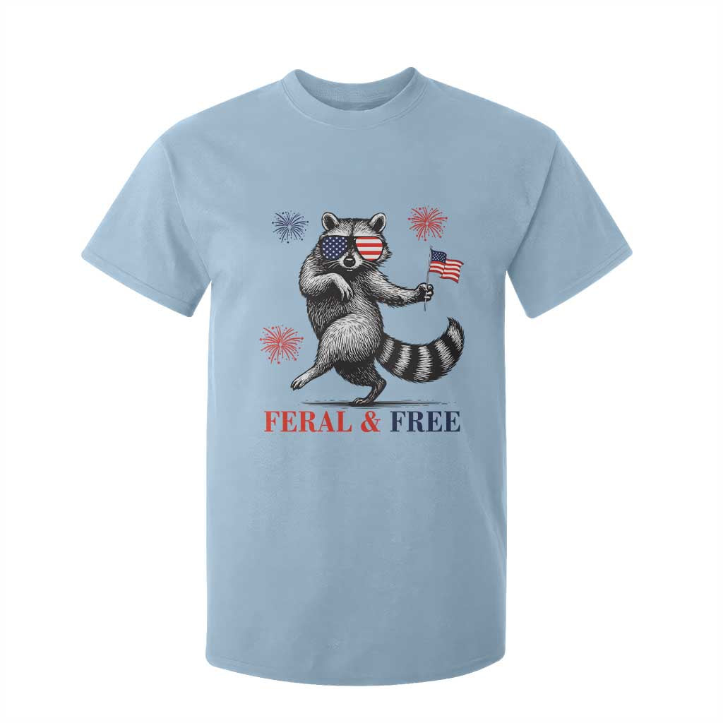 Feral and Free Dancing Raccoon T Shirt For Kid Funny 4th July Patriotic Animal US Flag and Fireworks TS02 Light Blue Print Your Wear