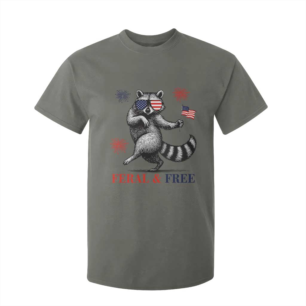 Feral and Free Dancing Raccoon T Shirt For Kid Funny 4th July Patriotic Animal US Flag and Fireworks TS02 Military Green Print Your Wear