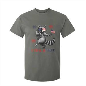 Feral and Free Dancing Raccoon T Shirt For Kid Funny 4th July Patriotic Animal US Flag and Fireworks TS02 Military Green Print Your Wear