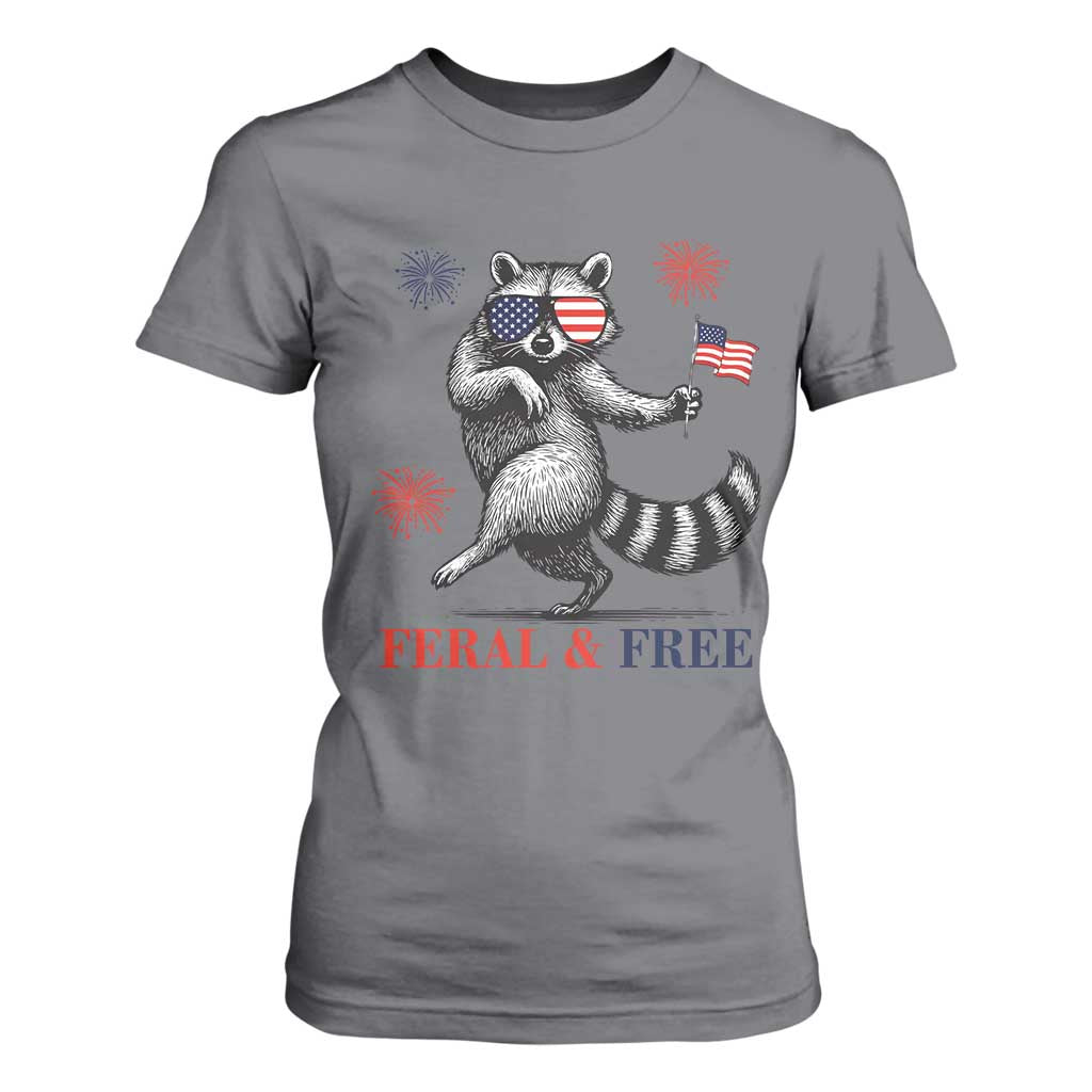 Feral and Free Dancing Raccoon T Shirt For Women Funny 4th July Patriotic Animal US Flag and Fireworks TS02 Charcoal Print Your Wear