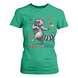 Feral and Free Dancing Raccoon T Shirt For Women Funny 4th July Patriotic Animal US Flag and Fireworks TS02 Irish Green Print Your Wear