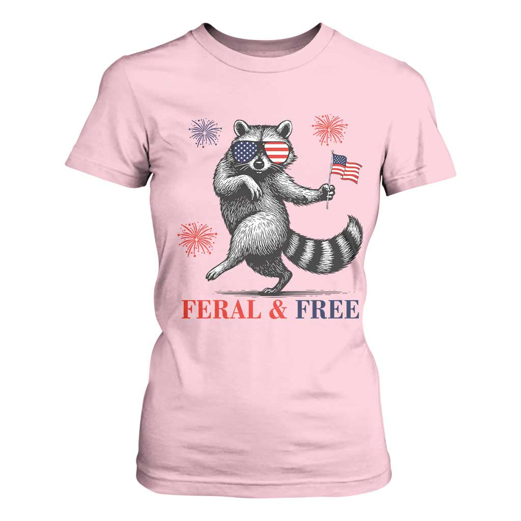 Feral and Free Dancing Raccoon T Shirt For Women Funny 4th July Patriotic Animal US Flag and Fireworks TS02 Light Pink Print Your Wear