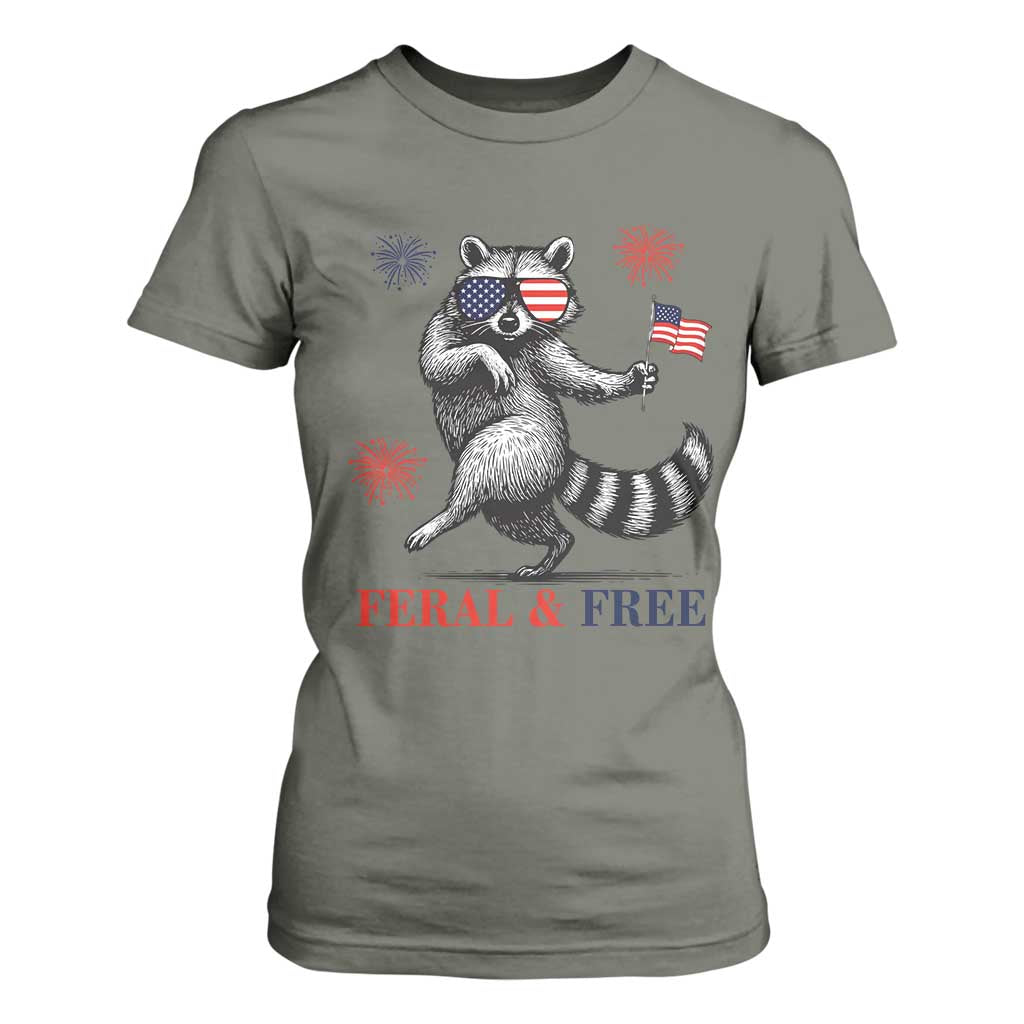 Feral and Free Dancing Raccoon T Shirt For Women Funny 4th July Patriotic Animal US Flag and Fireworks TS02 Military Green Print Your Wear