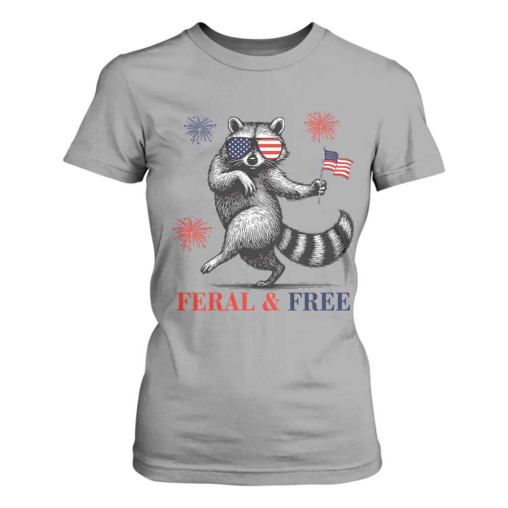 Feral and Free Dancing Raccoon T Shirt For Women Funny 4th July Patriotic Animal US Flag and Fireworks TS02 Sport Gray Print Your Wear